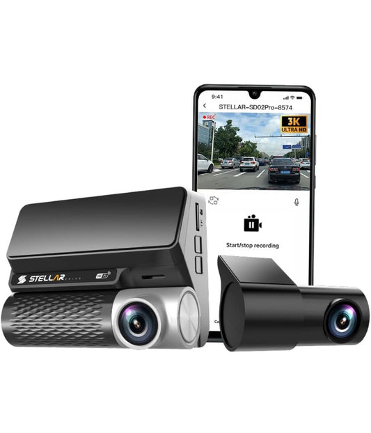 STELLAR DRIVE 3K Dual Dash Cam for Car | 2K HD Resolution | UHD Front, 3-inch Smart Display Dashcam | Wi-Fi APP | 140° View Night Vision, G-Sensor