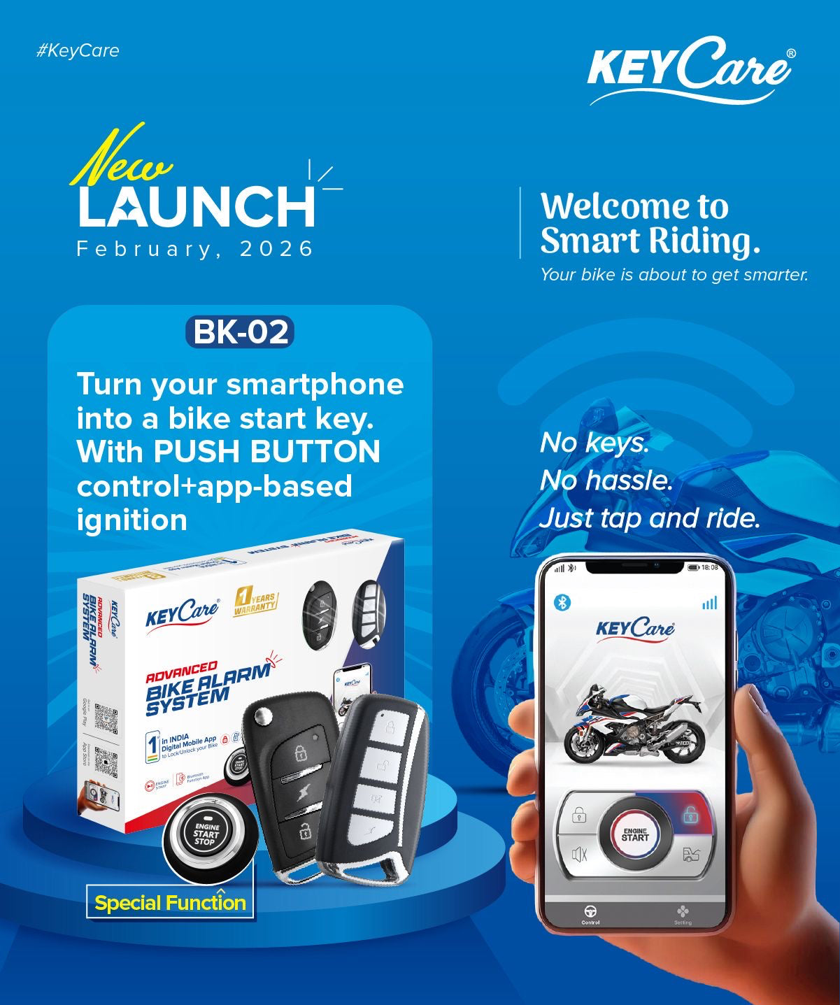 KeyCare Bike Alarm kit Push Button Start | 1 Flip Key & 1 hanging Remote