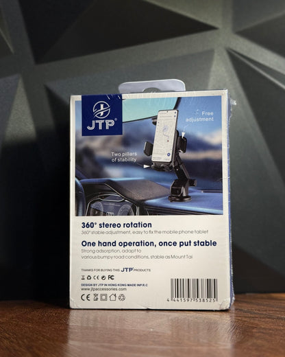 JTP Car Phone Holder, Suction Cup Mount Dashboard Cradle Bracket Adjustable Rack Design Secure Grip Mechanism
